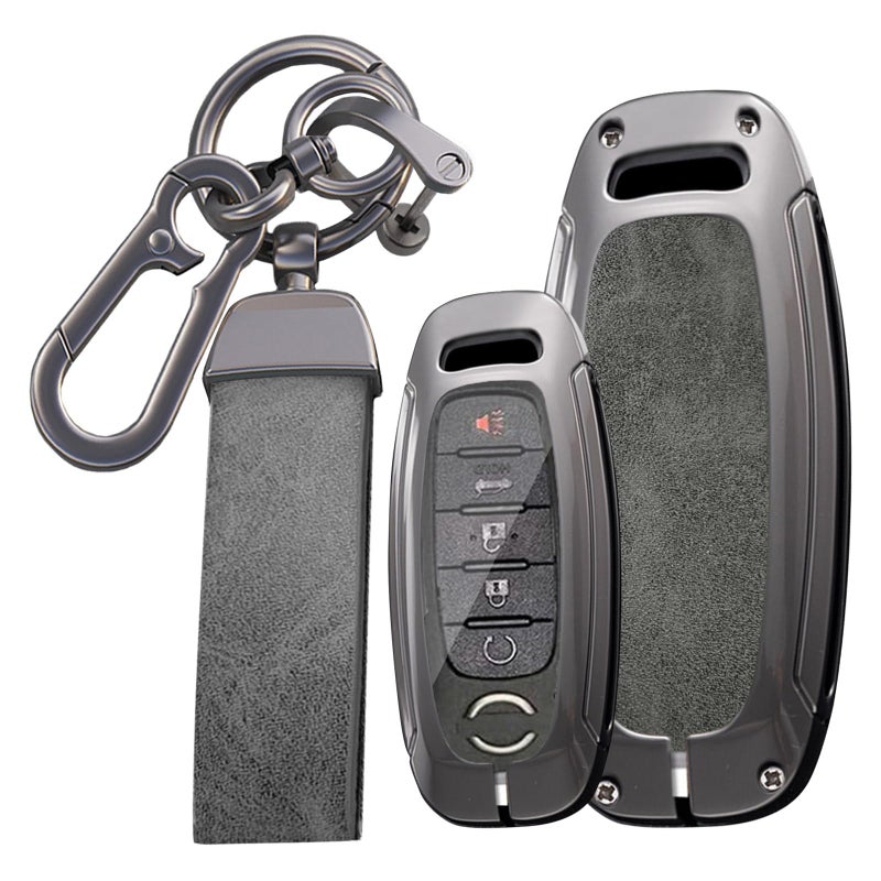 KUNIO 345 Button Leather Metal Car Key Fob Cover Case Fit for Nissan Rogue Pathfinder 2025 Altima Teana Kicks 2023 Sentra 2024 Key Protective Cover Key Holder Accessories GrayLong Keychain